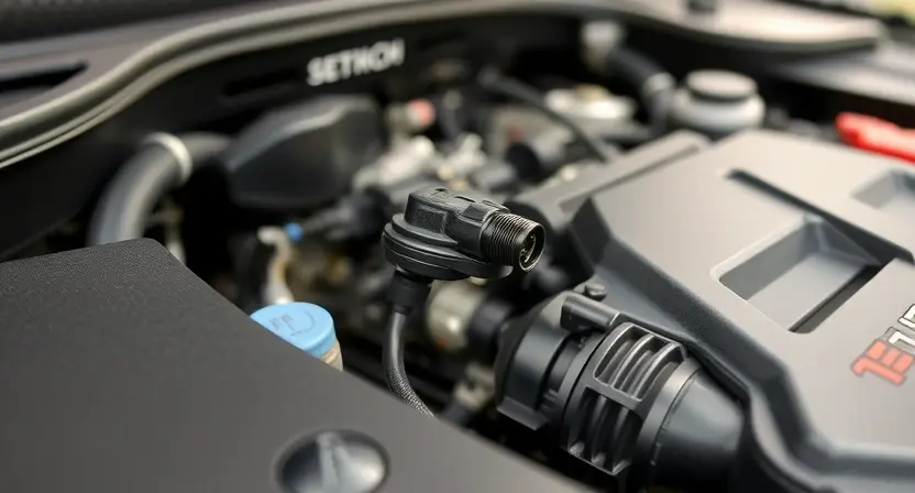 A close-up shot of a car's engine bay, focusing on the engine temperature sensor. The sensor should be clearly visible, with surrounding engine components slightly blurred. The overall lighting should be bright and clean, highlighting the sensor's details. The background should be a slightly out-of-focus view of the engine compartment.