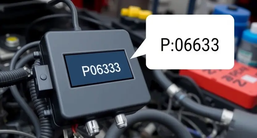 A detailed illustration of a car's engine control unit (ECU) with a highlighted error code P0633. The ECU should be depicted with visible wiring and components. The error code should be clearly displayed on a screen or panel associated with the ECU. The background should be a slightly blurred automotive workshop environment.