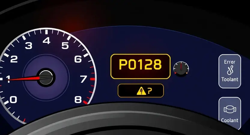 A high-quality technical illustration showing a car dashboard with an illuminated check engine light and a digital diagnostic screen displaying error code P0128, surrounded by subtle icons of a thermostat and coolant symbols, clean background, professional lighting