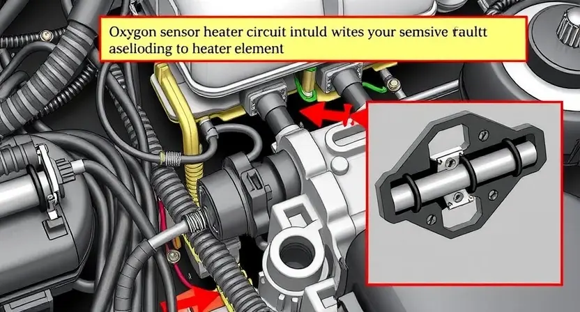 A detailed illustration of an automotive engine bay, focusing on the area around the oxygen sensor heater circuit. Show wiring, connectors, and potentially a close-up of the heater element itself. Include visual cues indicating a potential fault, such as a slightly discolored or damaged component.