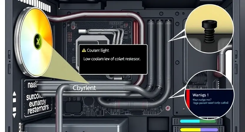 A detailed illustration of a computer system with a low coolant level, highlighting the warning light and the empty coolant reservoir. Include close-ups of the cooling system components and the error message displayed on the motherboard.