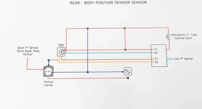 A detailed schematic diagram illustrating the body position sensor circuit for the rear of a vehicle. The diagram should clearly show the sensor, wiring, and connection to the vehicle's control unit. Use color-coding to differentiate wires and components. Focus on clarity and technical accuracy.