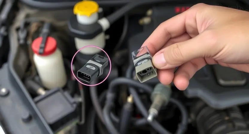 A close-up view of a car engine compartment with a highlighted and damaged sensor, showing signs of wear or failure. The image should depict a mechanic's hand holding a replacement sensor, ready for installation. The background should include various tools and equipment commonly used for car repairs.