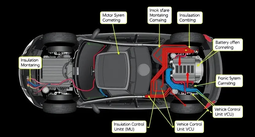 A detailed diagram illustrating the electrical system of an electric vehicle, highlighting the location and function of the Insulation Monitoring Unit (IMU) and the Vehicle Control Unit (VCU). Show connections between the battery, motor, and these units. Use clear labels and color-coding to differentiate components. Focus on the internal workings and connections, not the exterior of the car.