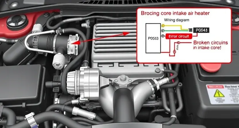 A detailed illustration of an automotive engine bay, focusing on the intake air heater system. Show the heater core, its connections to the intake manifold, and the wiring diagram illustrating the P0543 error code. Include visual cues indicating a broken circuit, such as a disconnected wire or a damaged connector. The background should be slightly blurred to emphasize the components.