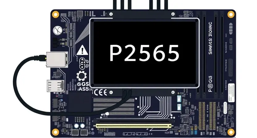 A technical illustration depicting a computer motherboard with a highlighted P2565 error code. The motherboard should be detailed and show various components. The error code should be clearly visible on a screen connected to the motherboard.