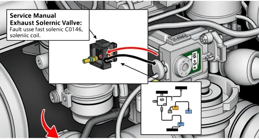A detailed technical illustration of a diesel engine's exhaust solenoid valve circuit showing a fault code C0146, with highlighted wiring, a malfunctioning solenoid coil, and a service manual diagram overlay, clean technical drawing style