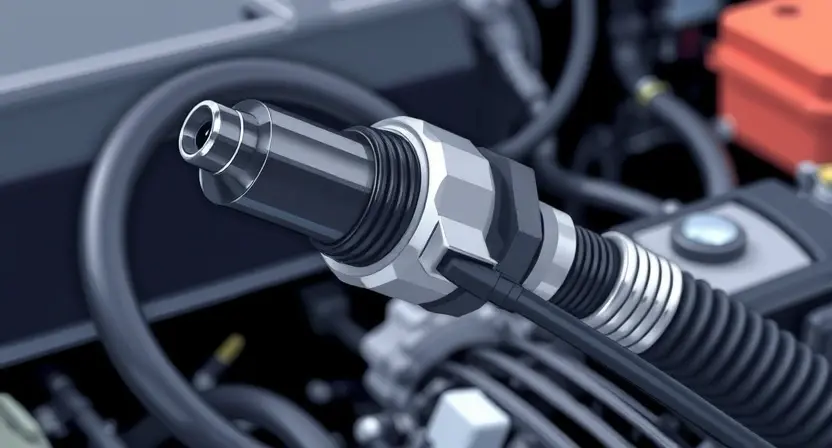 A close-up, detailed illustration of an automotive oxygen sensor and its wiring harness. The sensor should be clearly visible, with wires connected to it. The background should suggest an engine bay environment, but remain blurred and out of focus to emphasize the sensor and wiring. Focus on the connections and the sensor's physical structure. The image should convey a sense of technical inspection and diagnostics.