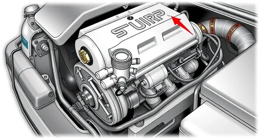 A detailed illustration of a car engine with a highlighted fuel pressure regulator circuit. The image should show the fuel pressure regulator and its connections, with a clear indication of a broken or disconnected wire in the circuit. The engine components should be depicted in a realistic and technical manner, emphasizing the location and importance of the fuel pressure regulator.