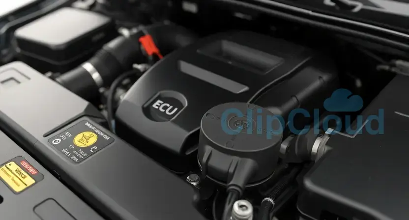 A close-up shot of a car's engine bay, focusing on the engine control unit (ECU) and related sensors. The engine should appear clean and well-maintained. Subtle visual cues indicating a potential issue, such as a slightly loose wire or a sensor with a minor discoloration, could be included without being overly dramatic. The overall lighting should be bright and professional, highlighting the components.