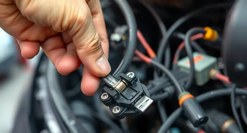 A close-up, detailed image of a car's wiring harness being inspected. Focus on the connections and wires, highlighting potential areas of corrosion or damage. A mechanic's hand could be subtly visible, gently manipulating a wire. The background should be a slightly blurred automotive repair shop environment.