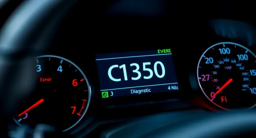 A close-up, detailed shot of a car's dashboard displaying a diagnostic screen with the error code "C1350" prominently highlighted. The dashboard should be clean and modern, with visible gauges and buttons. Focus on the error code display.