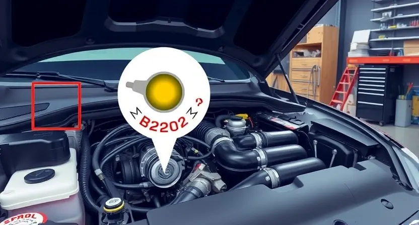 A detailed illustration of a car engine with a highlighted sensor, showing the process of diagnosing and fixing the B2202 error. The image should depict a mechanic using diagnostic tools to identify the faulty sensor and then replacing it with a new one. The scene should include a well-lit workshop with various automotive tools and equipment in the background.