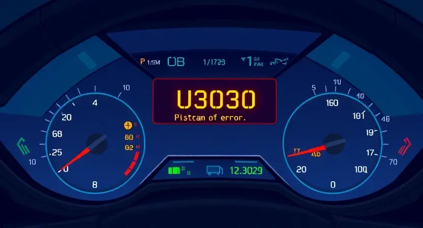 A detailed illustration of an electric vehicle's dashboard with a prominent error message 'U3030' displayed on the screen. The dashboard should show various gauges and indicators, some illuminated to suggest a system malfunction. Focus on the error message and its visual representation within the dashboard interface.