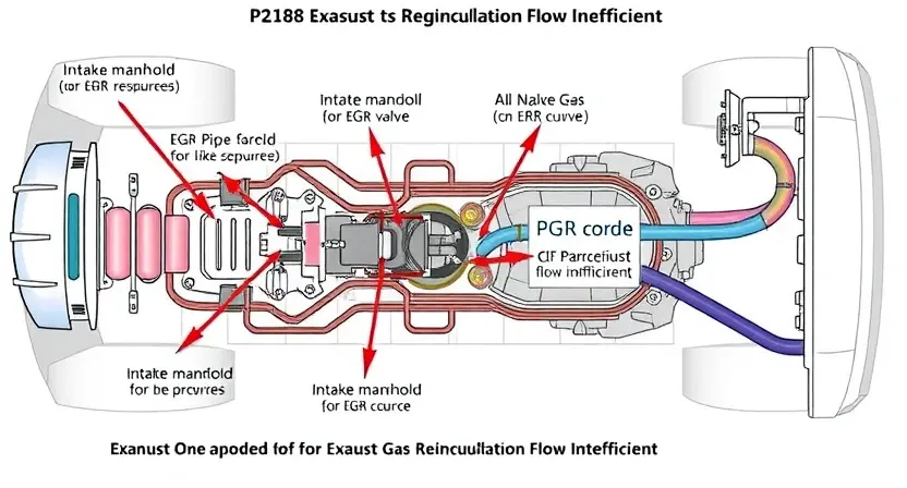 A detailed diagram illustrating a car's emissions system, specifically highlighting the components related to the P2188 error code (Exhaust Gas Recirculation Flow Insufficient). The diagram should clearly show the EGR valve, EGR pipe, intake manifold, and exhaust manifold, with arrows indicating the flow of exhaust gases. Use color-coding to differentiate components. Focus on mechanical parts and connections.