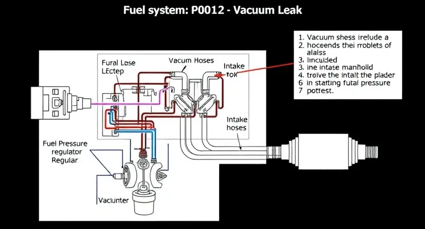 A detailed schematic diagram of an automotive engine's fuel system, highlighting the P0212 error code related to a vacuum leak. Include visual representations of vacuum hoses, the intake manifold, and the fuel pressure regulator. The diagram should be clean, well-labeled, and easy to understand.