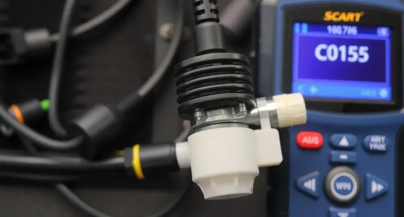 A close-up photograph of an ABS solenoid valve and its wiring harness. The focus should be on the solenoid valve itself, highlighting its physical components and connections. Diagnostic equipment, such as a scan tool displaying a C0155 error code, should be subtly visible in the background, out of focus. The image should convey a sense of technical inspection and troubleshooting.