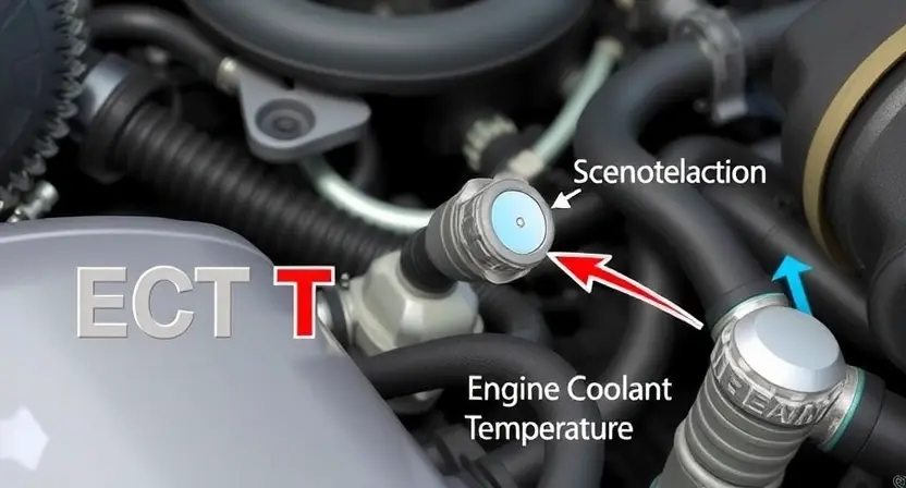 A close-up illustration of an engine bay with a highlighted Engine Coolant Temperature (ECT) sensor. The sensor should be clearly visible, with arrows pointing to its location and a visual representation of temperature readings. Focus on the sensor's physical appearance and its connection to the engine. Include subtle background elements of engine components like hoses and wires, but keep the focus on the sensor itself. The overall image should convey technical information in a clean and informa