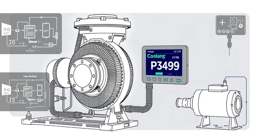 A high-quality technical illustration showing a coolant pump of an inverter with visible error code P3499 on a diagnostic display, surrounded by schematic diagrams of cooling system components, clean technical drawing style, precise details, no text or numbers on the image, no people, no UI elements