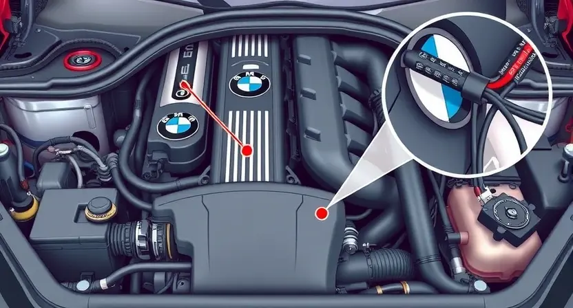 A detailed illustration of a BMW car engine bay, highlighting potential wiring issues and loose connections. Focus on areas where wires might be frayed, disconnected, or corroded. Include close-ups of connectors and wiring harnesses. The overall scene should convey a sense of technical inspection and potential repair.