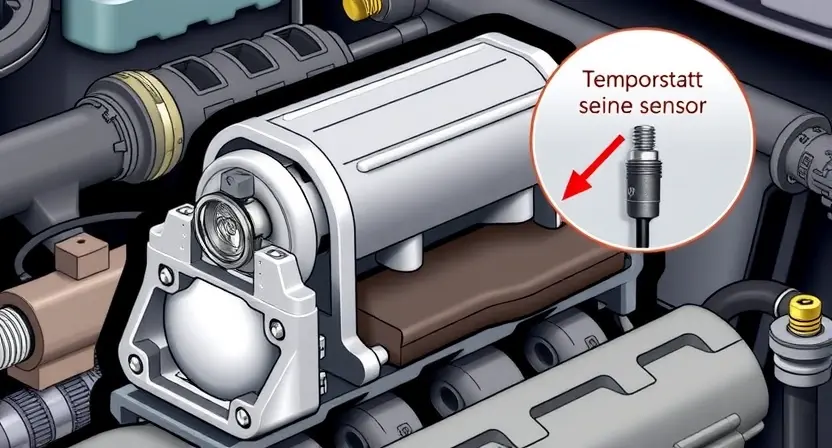 A detailed illustration of a car engine with highlighted components: thermostat and temperature sensor. The thermostat should be shown in a partially open position, and the temperature sensor should be depicted with a wire connected to it. The engine should be depicted in a cross-section view to show internal components clearly. The image should have a technical and educational style, focusing on the mechanical aspects.