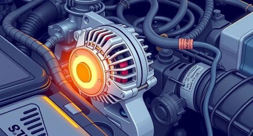A detailed illustration of a car engine with a focus on the alternator and its wiring. The alternator should be highlighted with a glowing effect to indicate a fault. The surrounding components should be depicted in a realistic and intricate manner, showing the complexity of the engine system. The image should convey a sense of technical precision and attention to detail.