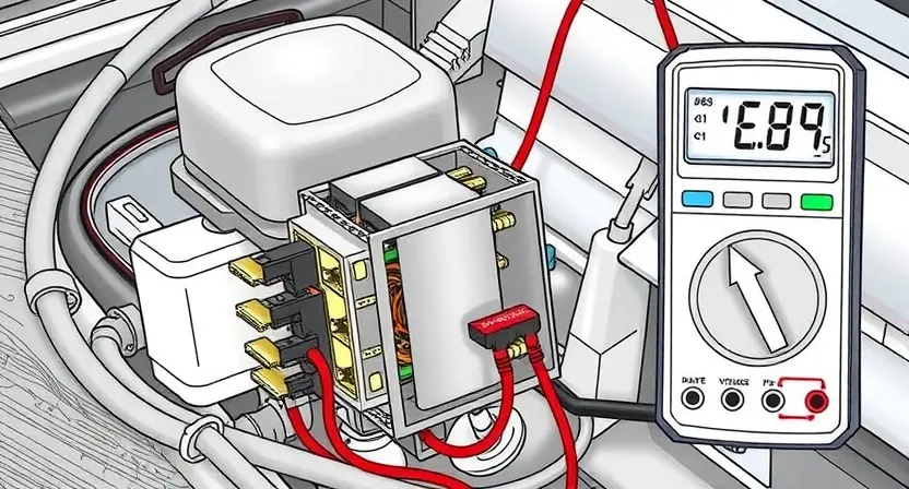 A detailed illustration of a car's main relay with visible electrical connections and voltage indicators. The relay should be partially disassembled to show internal components. Include a multimeter measuring the voltage at the relay terminals. The background should feature a car engine compartment with other electrical components visible.