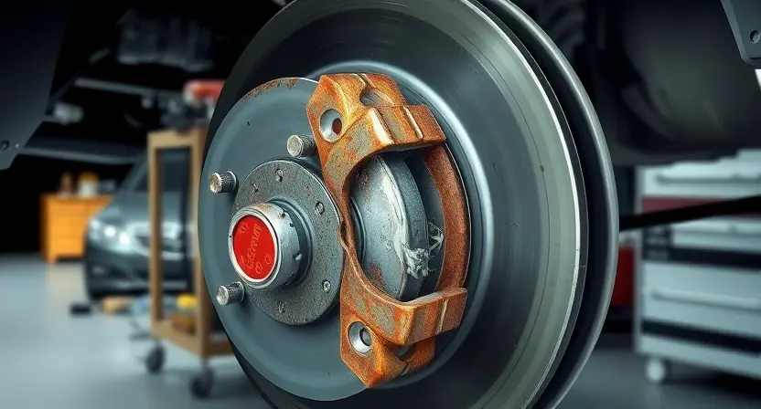 A detailed illustration of a car brake caliper experiencing a stuck condition. The image should focus on the caliper mechanism, showing the brake pads jammed against the rotor. Include visual cues indicating the cause of the problem, such as corrosion or debris. The background should be a slightly blurred automotive garage setting.