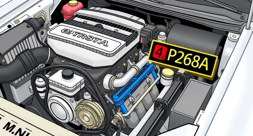 A detailed illustration of a car engine with a highlighted P268A error code indicator. The engine should be realistically rendered, showcasing various components like pistons, valves, and belts. The P268A code should be clearly displayed on a digital dashboard or a separate panel near the engine.