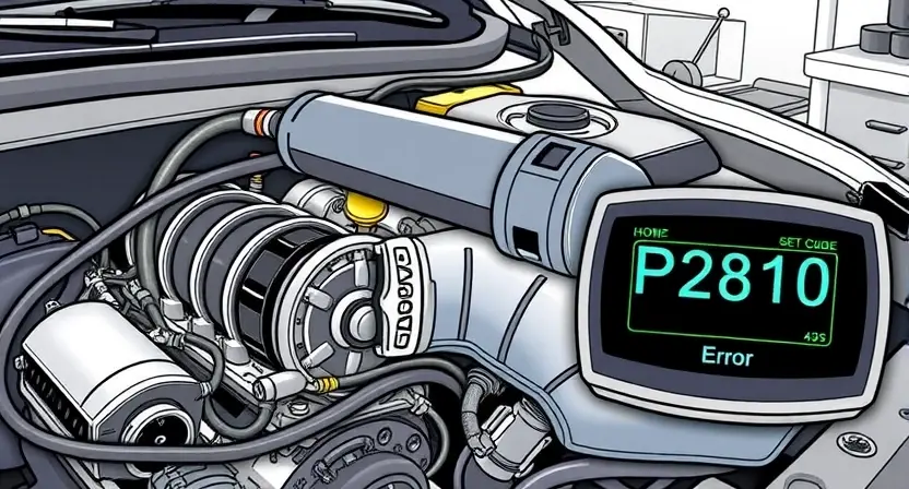 A detailed illustration of an automotive engine bay with a diagnostic tool connected to the engine. The engine should be partially disassembled, showing various components like hoses, wires, and sensors. A digital display on the diagnostic tool should show the error code P2810. The background should be a clean, professional workshop environment.