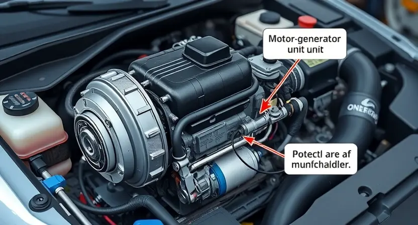 A detailed illustration of a car's engine compartment, focusing on the motor-generator unit. The unit should be clearly visible, with wiring and components highlighted. Show potential areas of malfunction with subtle visual cues like a slightly discolored component or a loose wire. The background should be a slightly blurred engine bay with tools and parts visible.