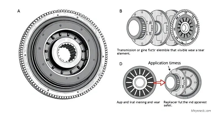A detailed illustration of a transmission clutch friction element 'B' with visible wear and tear, alongside a diagram showing its application time and replacement process. The image should be technical and informative, suitable for a repair manual.