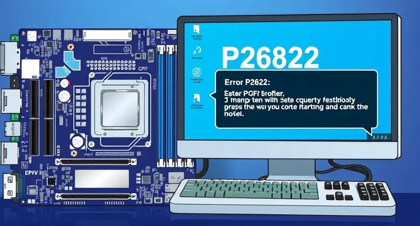 A detailed illustration of a computer motherboard with a highlighted P2822 error message displayed on a monitor. The motherboard should show various components like CPU, RAM, and capacitors. The monitor should clearly show the error message with associated troubleshooting steps. The overall color scheme should be technical and professional, using blues, grays, and whites.
