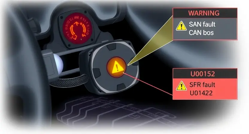 A detailed technical illustration of a vehicle's SRS (Supplemental Restraint System) airbag control module, focusing on the left side airbag module with a visual indication of communication loss — such as a broken or disconnected data bus line (CAN bus) leading to the module, warning symbols like a yellow engine light or SRS fault icon glowing on a dashboard, and subtle circuit board traces with highlighted error code U0152 displayed in a diagnostic tool interface nearby. The scene is set in an