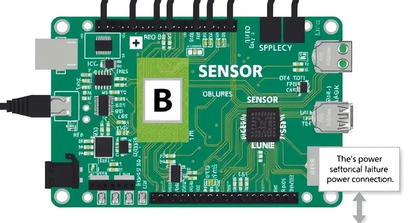 A detailed technical illustration depicting a circuit board with a sensor labeled 'B'. Highlight the power supply chain to the sensor, showing potential points of mechanical failure such as loose connections, damaged components, or physical obstructions. Use visual cues to indicate a power supply failure.
