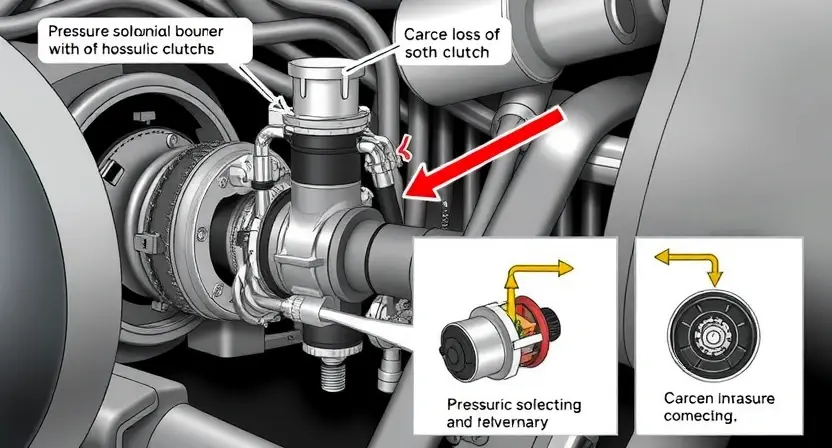 A detailed illustration of a car's transmission system, focusing on the pressure solenoid and its connection to the clutch. Include diagrams showing the flow of hydraulic fluid and the solenoid's internal components. The image should be highly technical and informative, suitable for a repair manual.