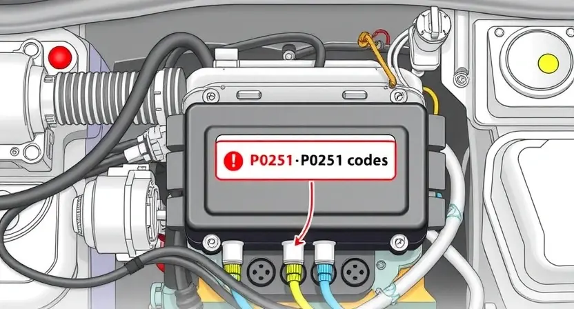 A detailed illustration of an engine control unit (ECU) with various sensors and wiring, highlighting the P0251 error code indicator. The background should be a clean, technical environment.