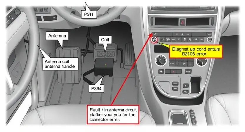 A detailed technical illustration of a car's keyless entry antenna circuit, showing components such as the antenna coil, wiring harness, control module, and connector points, with diagnostic indicators highlighting a fault in the antenna circuit (B2106 error), rendered in a clean, professional automotive repair manual style with labeled parts and subtle circuit tracing lines