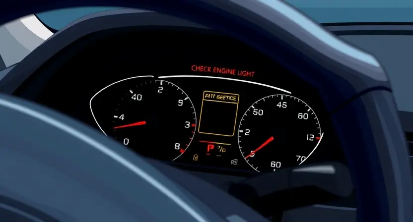 A detailed illustration of a car's dashboard with a highlighted check engine light. Focus on the instrument cluster and the warning symbol. The car should be a modern sedan, clean and well-lit.