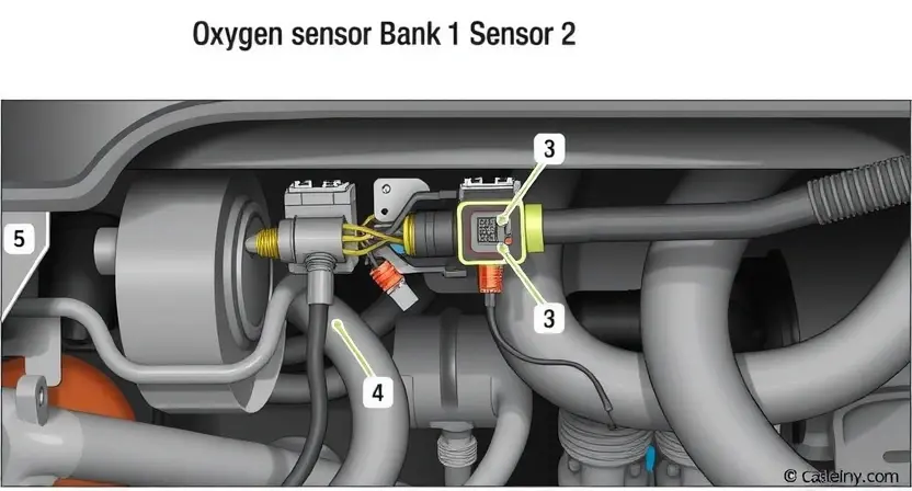 A detailed illustration of a car's oxygen sensor (Bank 1 Sensor 2) with a focus on its wiring and connections. The image should show the sensor's location in the exhaust system, highlighting the electrical circuit and any potential points of failure such as corroded wires or loose connections. The background should include a partially visible engine compartment to provide context.
