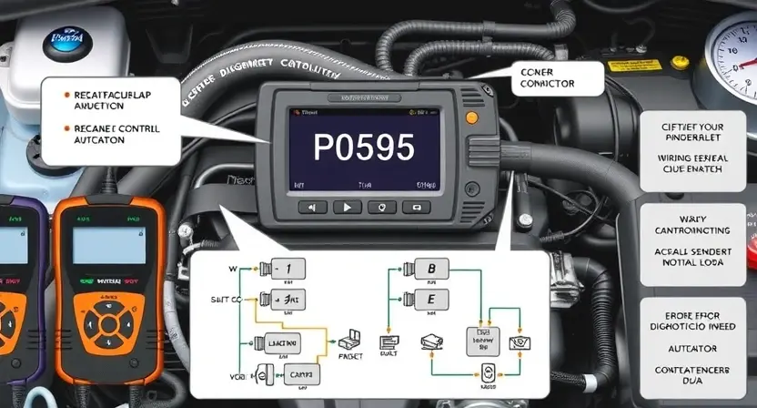A detailed illustration of a car's engine control unit (ECU) with various diagnostic tools connected. Focus on the ECU's display showing a P0595 error code. Include wiring diagrams and a visual representation of the relevant sensors and actuators.