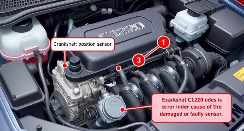 A detailed illustration of a car's engine bay, focusing on the area around the crankshaft position sensor. The sensor should be clearly visible, along with wiring and connectors. Highlight the potential cause of the C1220 error code – a damaged or faulty sensor. Use realistic lighting and textures to depict the engine components.