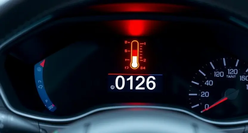 A modern car dashboard with a warning light shaped like a thermometer and the text P0126 displayed prominently, showing an engine coolant temperature issue, realistic detail, high quality