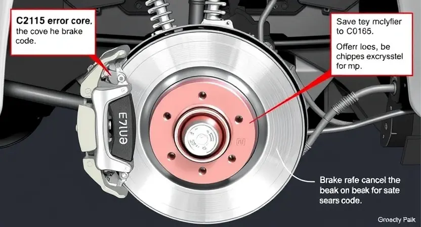 A detailed illustration of a brake system, showcasing various components like calipers, rotors, brake lines, and pads. The image should emphasize the mechanics and functionality of the system. Include a visual representation of the C2115 error code and its potential impact on the brake system.