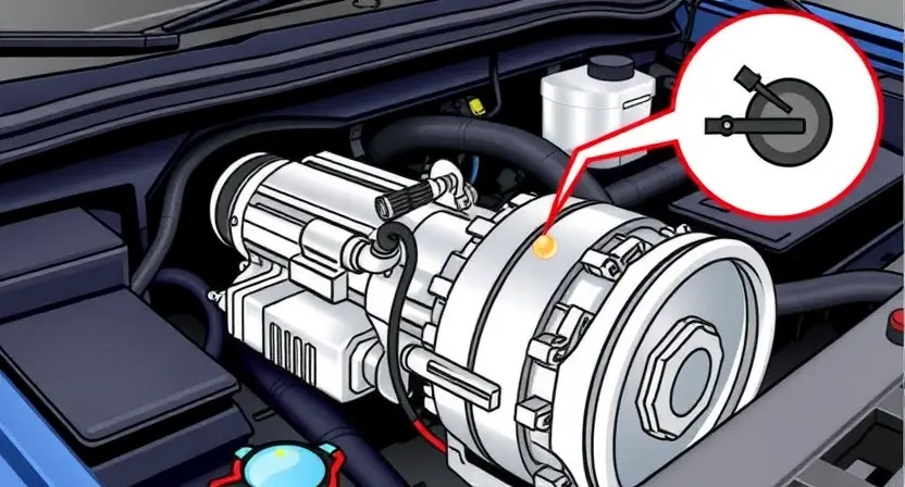 A detailed illustration of a car's engine bay, focusing on the transmission and related components. Include visual cues representing a potential issue, such as a slightly discolored fluid or a loose wire. The background should be a blurred view of the car's exterior.