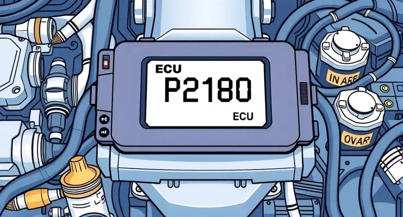 A detailed illustration of a car's engine control unit (ECU) displaying a diagnostic code P2180. The ECU should be surrounded by visual representations of fuel system components like fuel injectors, fuel pump, and oxygen sensors. The overall scene should convey a technical and informative atmosphere, focusing on the engine's fuel mixture.