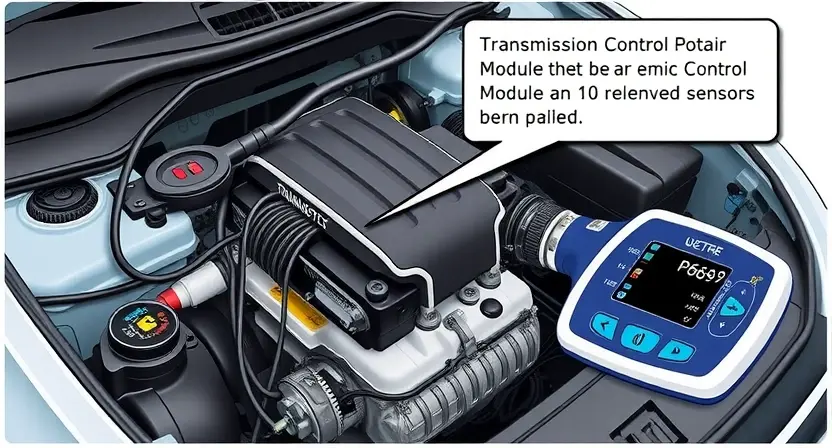 A detailed illustration of a car's engine bay with a diagnostic tool connected to the vehicle's computer. Focus on the area where the P0649 error code might be related to, such as the transmission control module or related sensors. The image should convey a sense of technical inspection and troubleshooting.