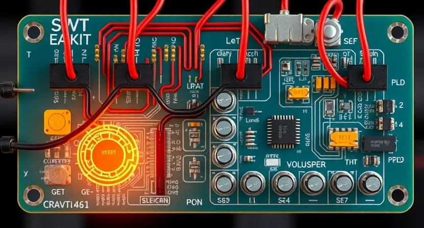 A detailed illustration of a sensor circuit board, highlighting the sensor and its connection to the main circuit. Focus on the high voltage components and wiring. Include visual cues indicating potential overvoltage conditions, such as glowing components or distorted wiring.