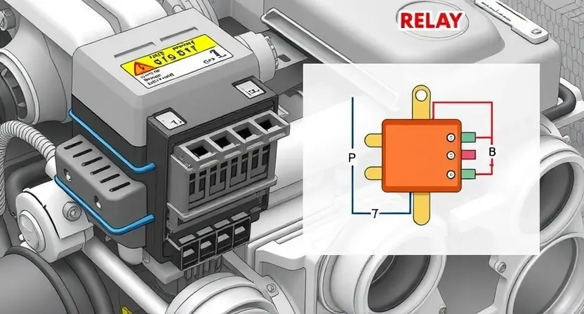 A detailed illustration of an automotive engine control unit (ECU) with a visual representation of a relay control circuit. The ECU should be depicted with various components clearly labeled. A schematic diagram overlay showing the relay's function in the circuit should be visible. The image should convey a sense of technical precision and diagnostic analysis.