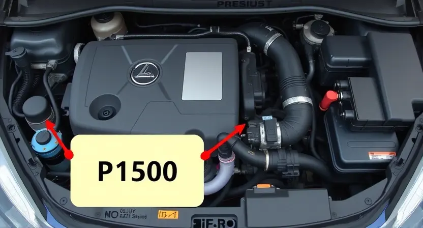 A high-quality technical illustration showing a car engine bay with visible worn or damaged electrical wires, labeled with the error code P1500, clean background, professional lighting, no text or numbers on the image